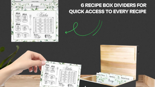 4 Recipe Box, Wooden Recipe Organizer, Recipe Holder Box with 50 Recipe Cards 4x6 & 6 Dividers